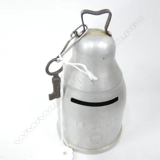 TELLUS VACUUM CLEANER MONEY BOX - ALUMINIUM. COMES WITH KEY. H. 115MM